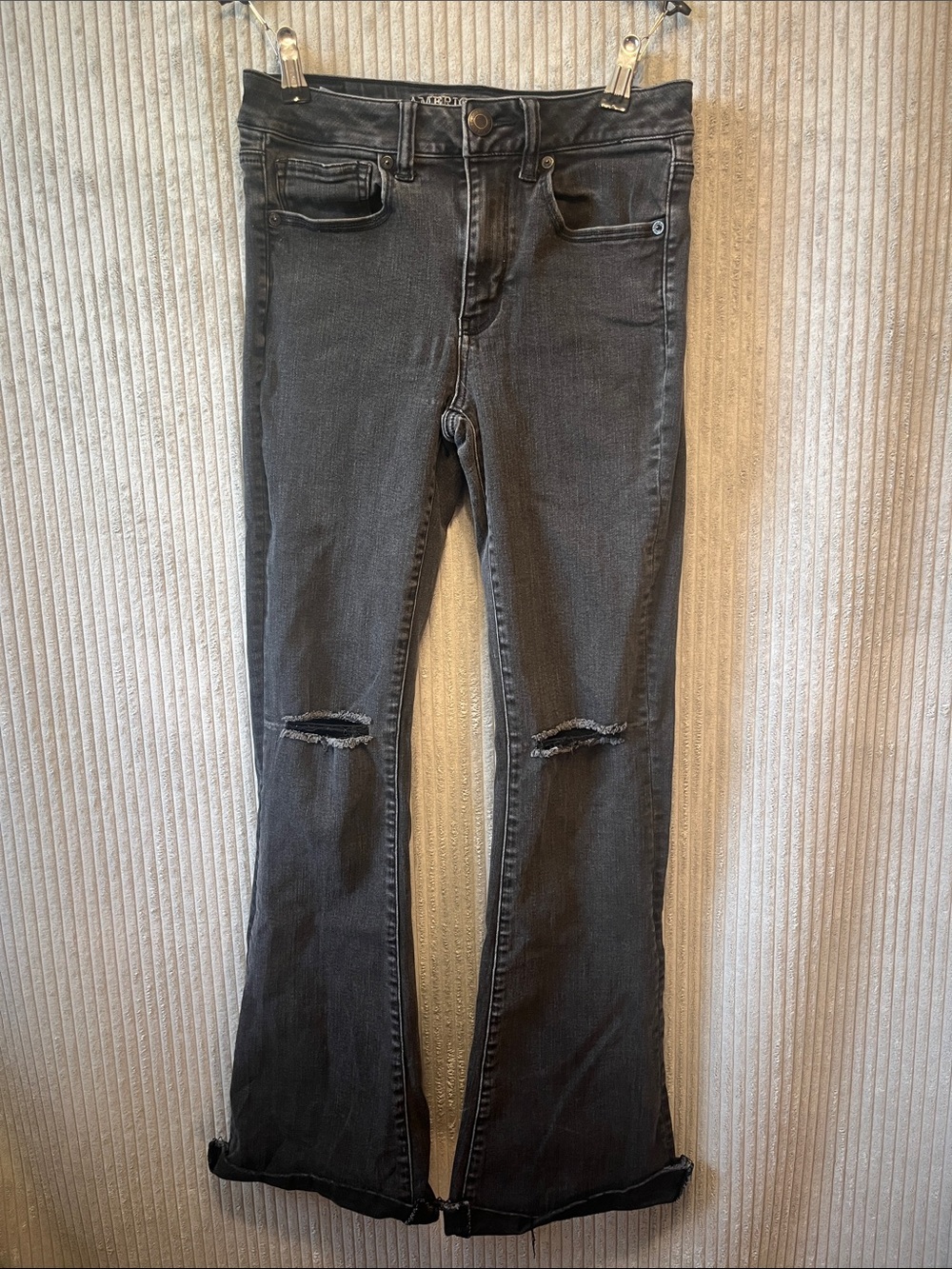 American Eagle Outfitters Black Flare Jeans with Knee Rips 6